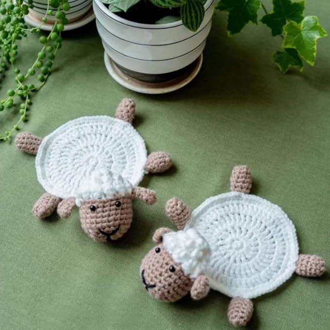 4 Pcs Crochet Sheep Coasters for Drinks, Funny Handmade Woven Coaster Set, Cute Sheep Shaped Mug Cup Mat Table Desk Decoration Housewarming Gift