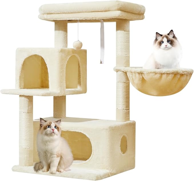 Taoqimiao Cat Tree,37.8-Inch Cat Tower for Indoor Cats,2 Luxurious cat condo with Adjustable Large Hanging Baskets and Large Luxurious Perch Beige MS029M