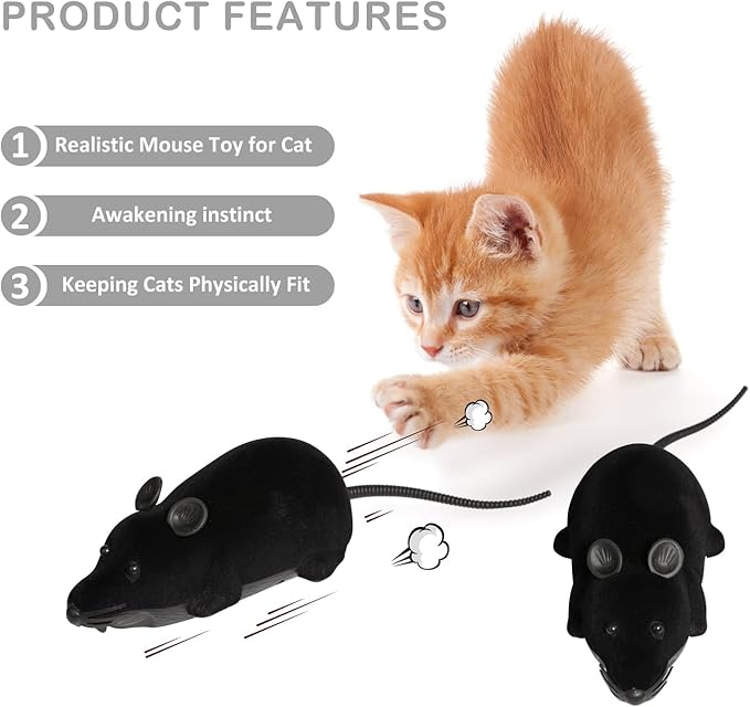 Auto Moving Mouse Cat Toy, Interactive Cat Toys Wireless Electronic Fake Mouse Rat Pet Toy Running Wheel Plush Rat Chasing Prank Toy for Cats Dogs Kids Novelty Gift By Greatstar (Black, No Controller)