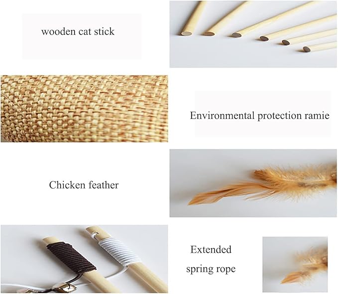 Artshu 6pcs/lot 40cm Pet Cat Teaser Toys Feather Linen Wand Cat Catcher Teaser Stick Cat Interactive Toys Wood Rod Mouse Toy with Mini Bell