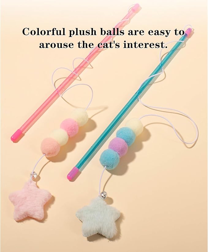 2 PCS Cat Wand Toy Interactive Cat String Toys Elastic Rope Plush Ball Star Pendant Cat Feather Toy Cat Stick Toy for Indoor Cat Mice and Animals Toys Pet Supplies