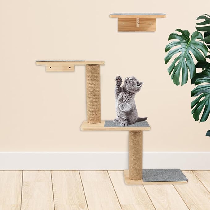 Cat Wall Shelves 3-in-1: Wall-Mounted Cat Ladder, Cat Steps, Cat Stairs, Scratching Post, Jumping Platform, Cat Tree, and Perch for Climbing & Napping – Ideal for Active Cats