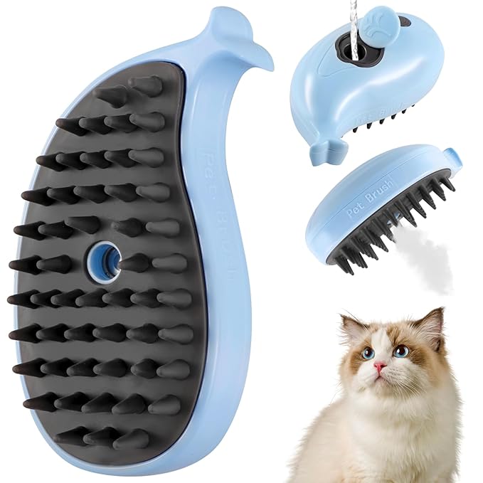 3 in 1 Silicone Grooming Brush for Cats and Dogs - Steamy Massager for Removing Tangles and Loose Hair (Blue)