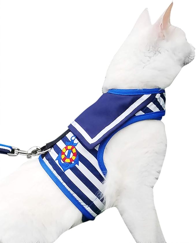 Cat Harness and Leash for Walking Escape Proof, Adjustable Cat Vest Harness, Padded Stylish Cat Walking Jackets, Sailor Suit Navy, Small