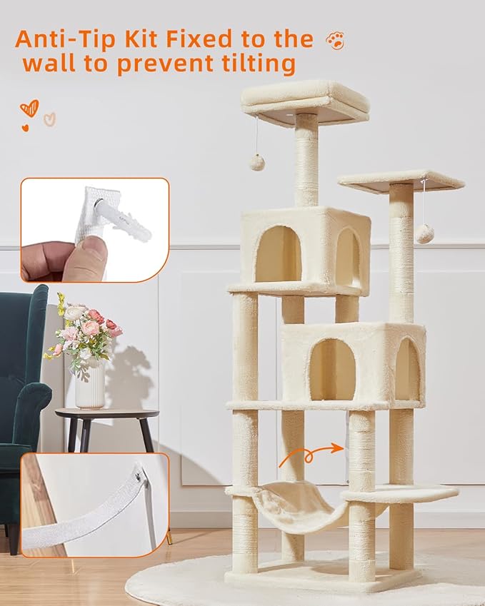 Taoqimiao Cat Tree, 61-Inch Cat Tower for Indoor Cats, Plush Multi-Level Cat Condo with 5 Scratching Posts, 2 Perches, 2 Caves, Hammock, 2 Pompoms, Beige MS013SM