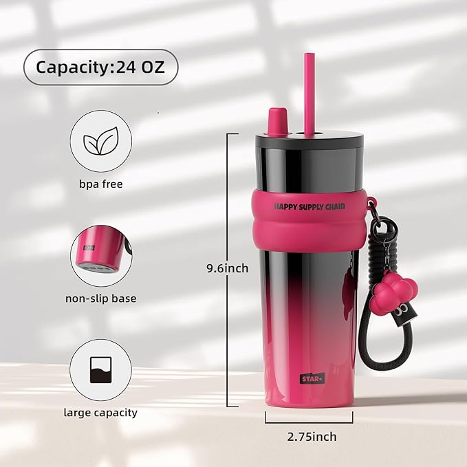 24 OZ Insulated Leak Proof Tumbler with Lid and Straw, Stainless Steel Coffee Travel Mug for Hot and Cold, Reusable Portable Water Bottle, Metal Thermal Cup Gift for Women, Black and Pink