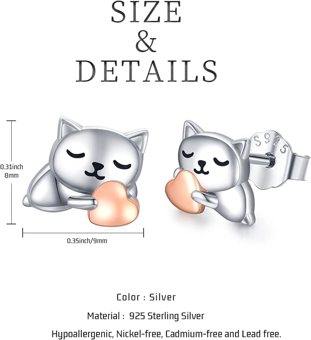 925 Sterling Silver Cat Earrings Cute Animal Kitten Stud Earrings cat Jewelry Gifts for Women Girls Hypoallergenic Earrings for Sensitive Ears