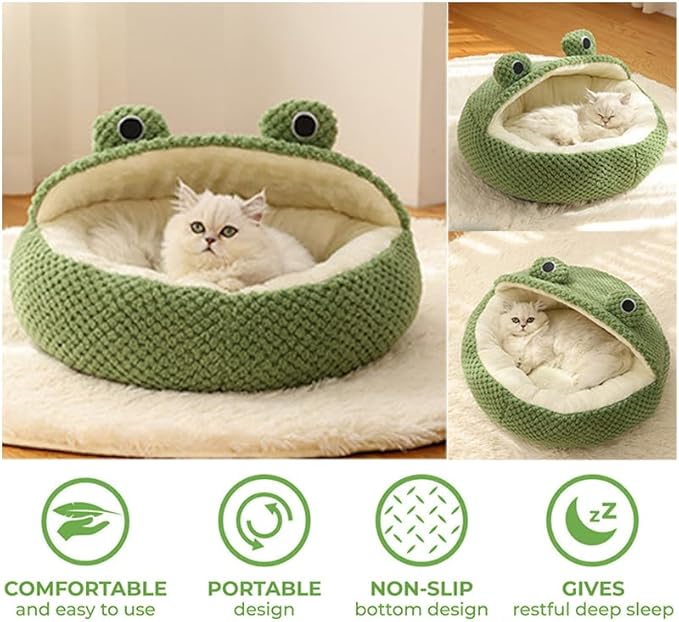 Cute Frog Hooded Cat Bed with Non-Slip Bottom, Covered Round Fluffy Frogs Cave Green, Semi-Closed Pet Mat for Cats and Small Dogs