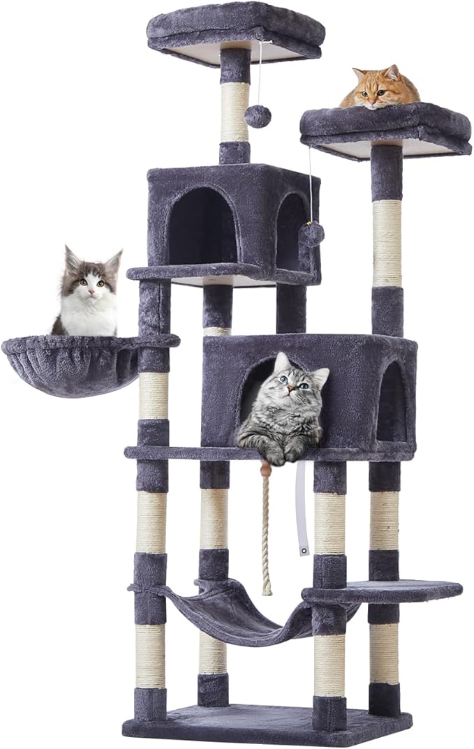 Taoqimiao Cat Tree, 66.2-Inch Cat Tower for Indoor Cats, Plush Multi-Level Cat Condo with 12 Scratching Posts, 2 Perches, 2 Caves, Hammock, 2 Pompoms, Smoky Gray MS013G