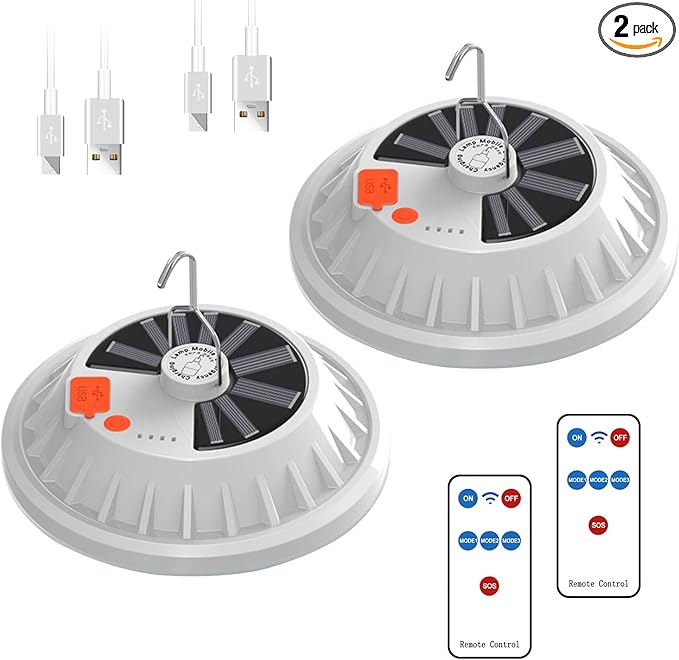 2-Pack Solar Camping Lantern DIBMS LED Portable Solar USB Rechargeable Flashlight Waterproof Lights w/ Remote Emergency Power Bank for Camping Hurricanes Power Outages Homes Indoor Outdoor