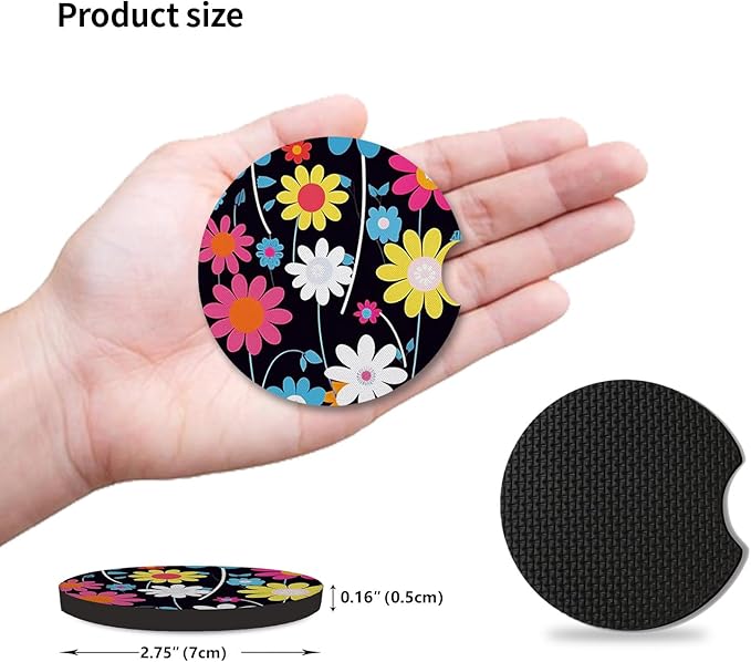 2pcs Colorful Flowers Car Cup Holder Coasters,Universal Non Slip Car Accessories,Cute Car Coasters with Finger Notch,Car Decoration Gifts, Accessory for Women&Men