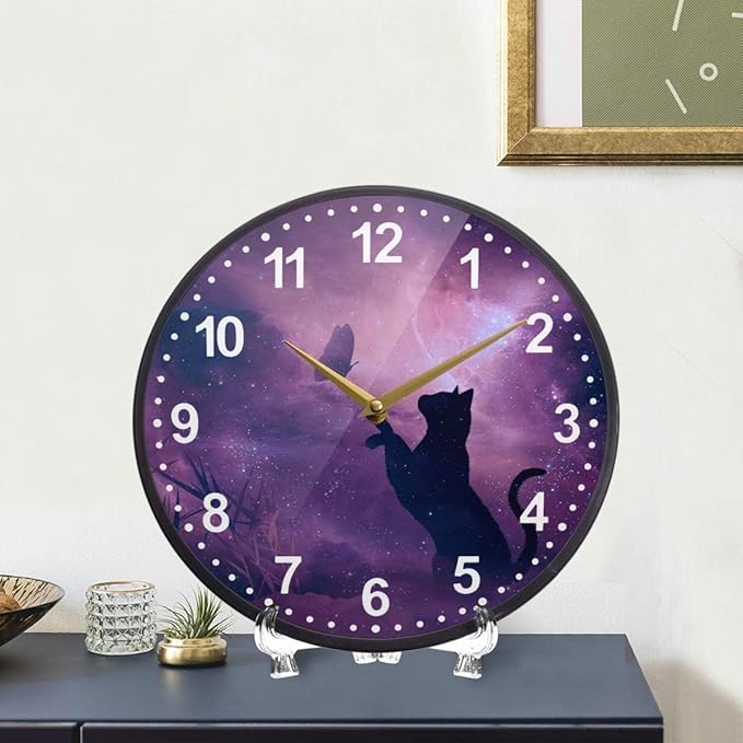 ALAZA Cat and Butterfly in Purple Galaxy Starry Wall Clock Battery Operated Silent Non Ticking Clocks for Living Room Decor 12 Inch / 9.5 Inch