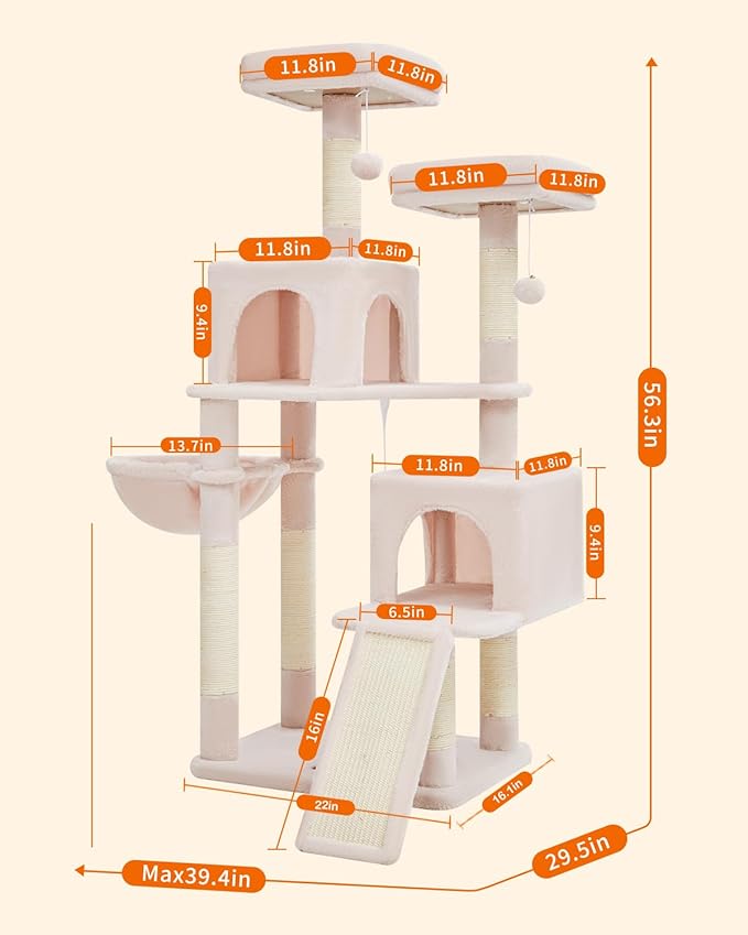 Taoqimiao 56.3-Inch Cat Tree, Cat Tower with Scratching Posts, Cat Tree House for Indoor Cats with hammocks, Toys, Condo and Large Scratch Board, MS012P Elly Pink