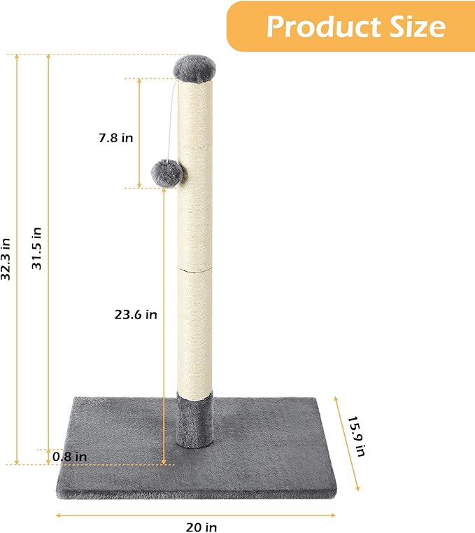 32" Tall Scratching Posts for Indoor Cats Adults Cat Scratchers with Interactive Hanging Toy Ball Cat Scratch Furniture Protector Scratcher Post with Stable Heavy Base, Dark Grey