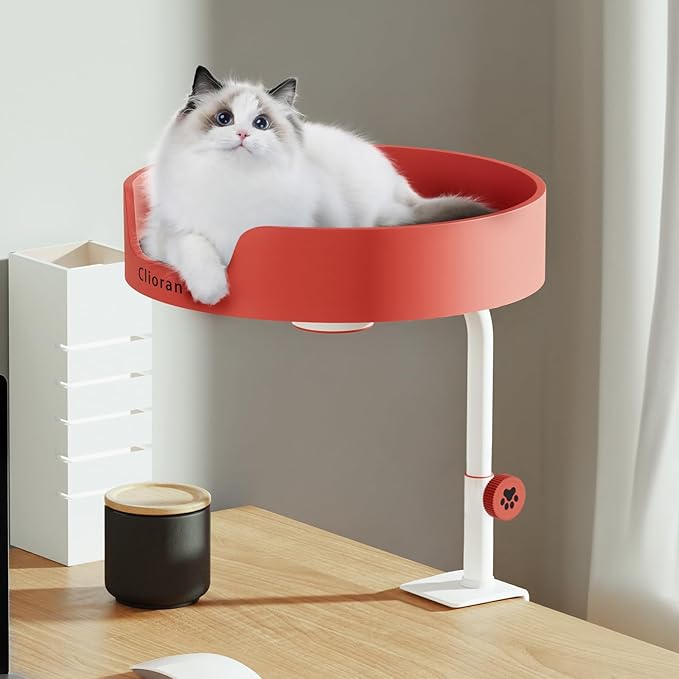 Cat Bed Desk Nest with Teaser,Easy Installation Shelf,Sturdy Frame,Removable Cushioned Cushion, Space Saving Design,Ideal for Side Table,Home Office,Fits Cats