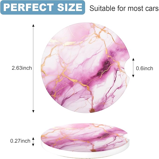 2 Pack Car Cup Holder Coaster, 2.63 inch Anti Slip Insert Absorbent Ceramic Car Coaster with Cork Base and Finger Notch, Cute Car Accessories Interior for Women, Cute Car Coasters., CH0025