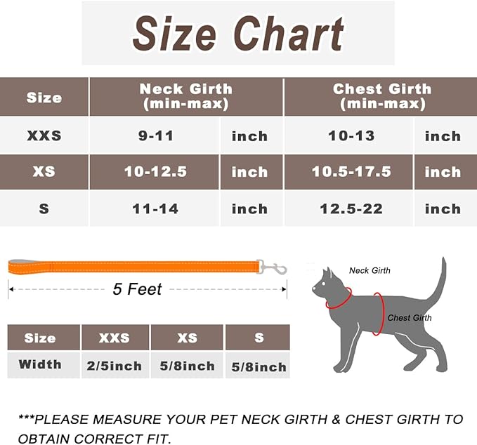 Cat Harness and Leash Set for Walking Escape Proof for Small Large cat Kitten Harness with ID tag Pocket (Orange,XS)