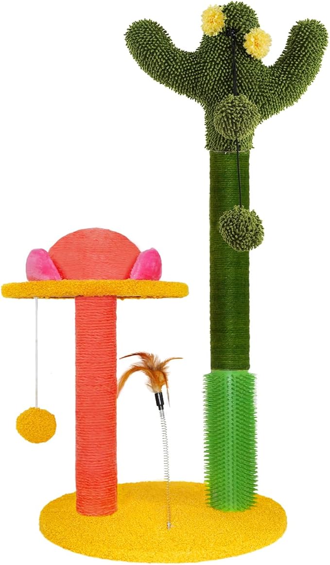 33" Tall Cat Scratching Post, Cactus and Mushroom Combination Cat Scratcher, Cat Toy with Removable Cat Teaser, Cat Scratch Tree Post with 3 Balls