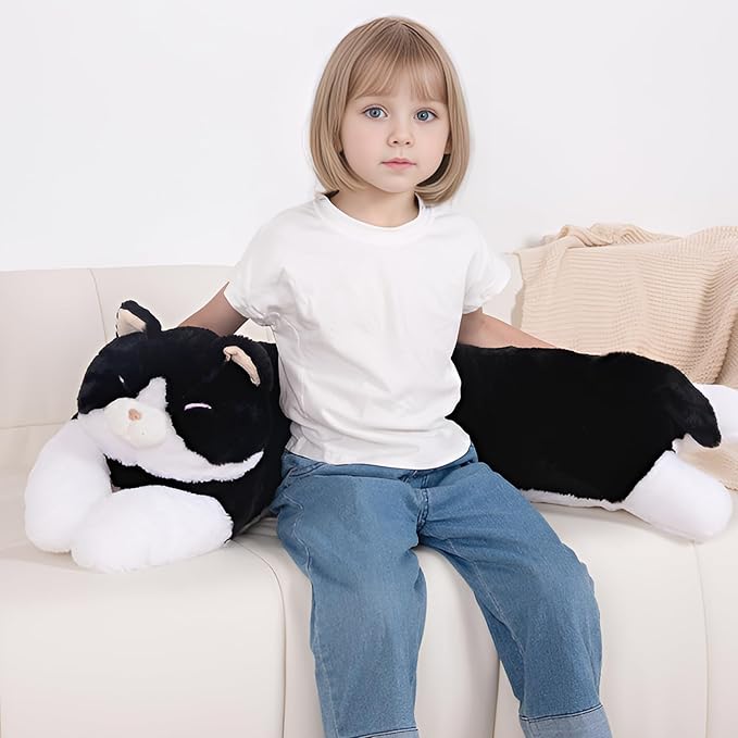 40'' Large Cat Sleeping Long Plush Pillow Toy, Milk Black White Kitty Soft Cat Stuffed Animals, Big Kitten Plushies Cute Doll Gift for Kids Girls Boys, Birthday