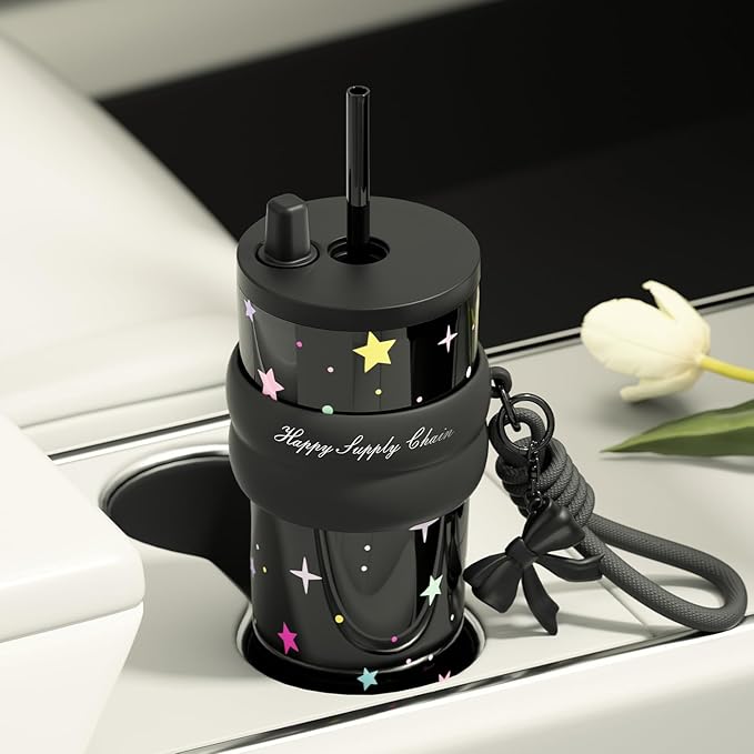 24 oz Cute Portable Travel Tumbler Stainless Steel with Lid and Straw, Sidagar Leak Proof Coffee Mug for Hot and Cold, Reusable Thermal Coffee Cup for Women, Leak Proof Water Bottle, Black Star