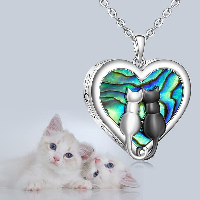 Cat Necklace for Women Ashes Cremation Cat Urn Necklaces for Women Abalone Shell Sterling Silver Paw Print Black Cats Yin Yang Memorial Keepsake Gifts