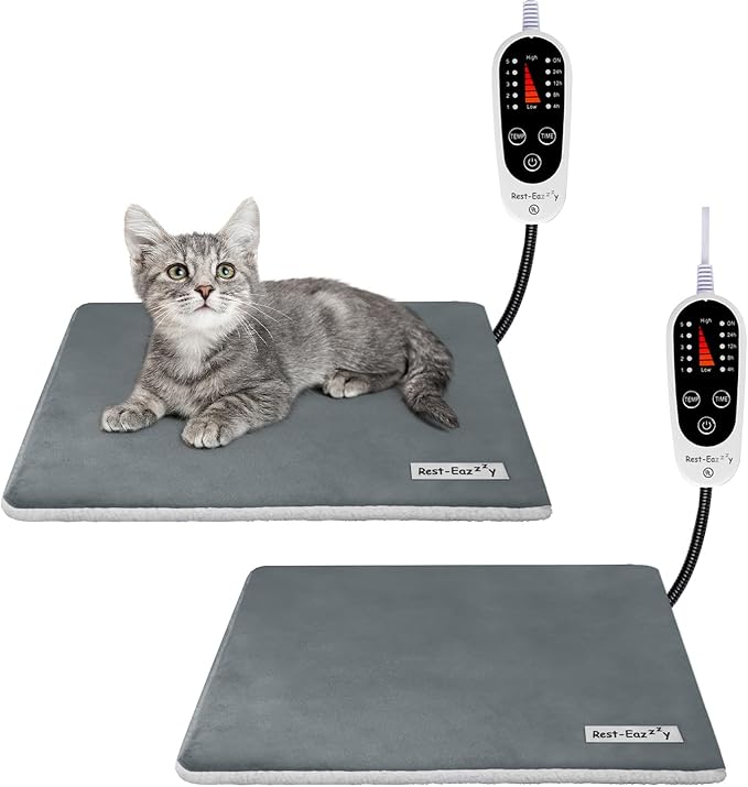 Rest-Eazzzy Cat Heating Pad, Cat Bed with Removable Cover Heated Cat Bed 5 Level Timer and 5 Level Temperature, Cat Beds for Indoor Warming Mat for Cat Dog (Heat pad, Pure-Grey,2pcs)