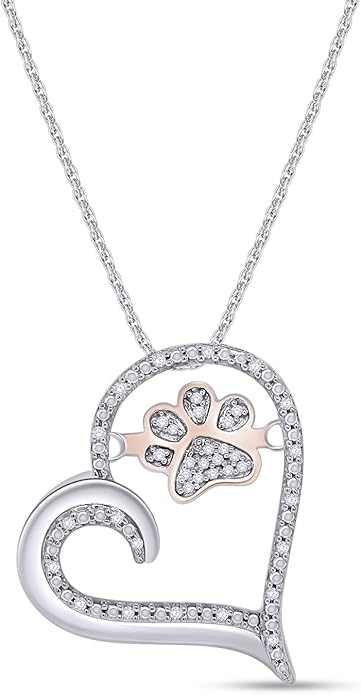 AFFY Paw Print Dog Cat Heart Pendant Necklace, 925 Sterling Silver & 10K Solid Gold Natural Diamond, Two Tone Heart Necklace for Pet Lovers, Elegant Silver Gift for Her