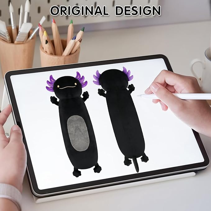 28 inch Black Axolotl Stuffed Animal, Cute Long Body Cuddle Squishy Pillow, Big Axolotl Plushies Toy Gifts for Kids, Boys for Birthday