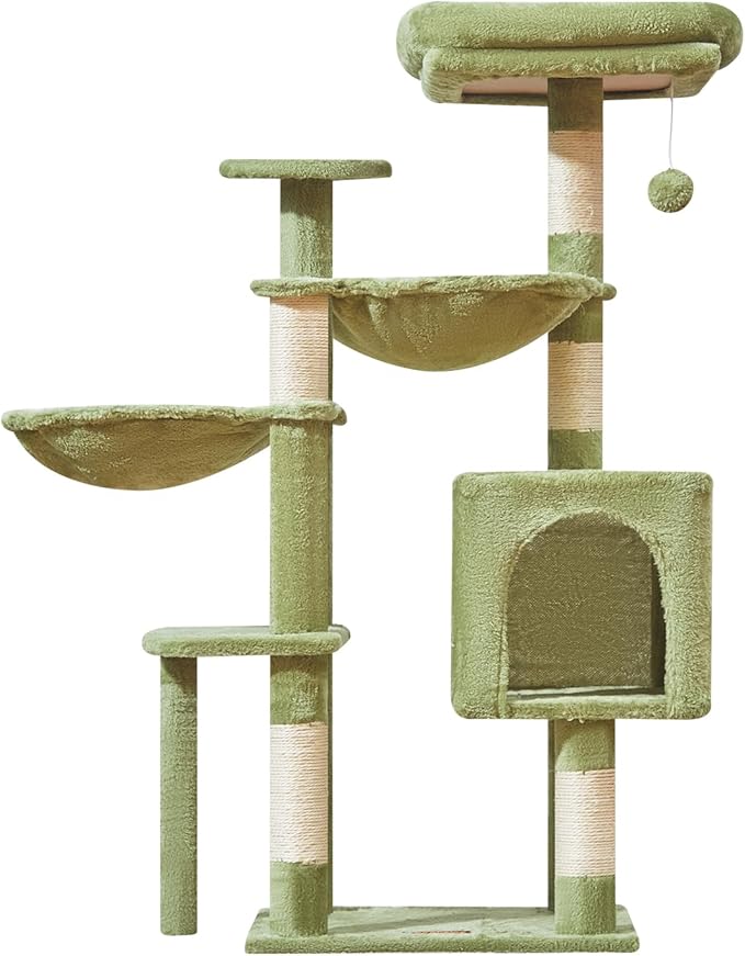 Taoqimiao Cat Tree, 39.4-Inch Cat Tower for Indoor Cats,Suitable for Kittens,Plush Cat Condo with 5 Scratching Posts, Plush Perch,2 Hammock,Pompoms, MS019GR Green