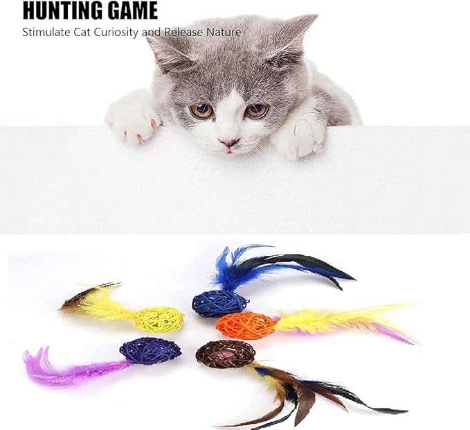5PCS Cat Catch Chewing Toys, Pet Kitten Kitten Plush Play Toy CInteractive Chaser Teaser Toy olorful Rattan Balls with Feather Ring Bell Playthings for Cats Puppy Kitty Kitten Pets Novelty Gift