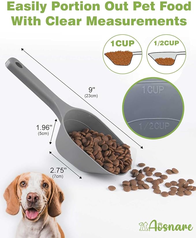 3PCS Dog Food Scoop, 1 Cup Plastic Pet Food Scoop with Measuring Lines 1/2 Cup and 1 Cup for Dogs, Cats, Birds and Rabbits (Grey,Black and White)