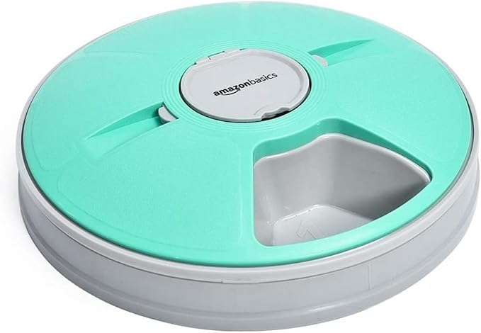 Amazon Basics Automatic Pet Feeder, Electronic Timed Dog and Cat Food Dispenser, 6 Portions, Plastic, Teal, 12" X 12" X 2.3"