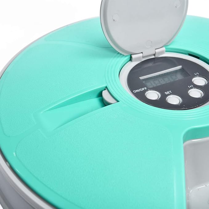 Amazon Basics Automatic Pet Feeder, Electronic Timed Dog and Cat Food Dispenser, 6 Portions, Plastic, Teal, 12" X 12" X 2.3"