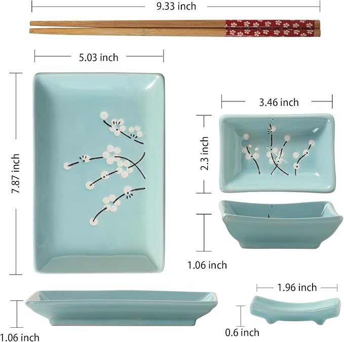 8 pcs Japanese Sushi Plate Sets Serving Platters and Trays for Entertaining Sushi Dishes Set Plates Sushi Plates Traditional Cuisine Dinnerware Sets with Chopsticks Blue Plum