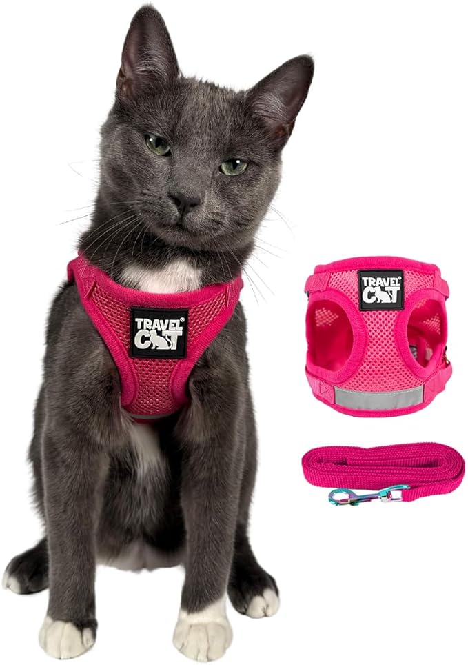 Travel Cat The Purrfectly Pink Harness & Leash Set - Adjustable Fit Mesh Cat Harness with Reflective Strap - Escape-Proof Harness for Cats, Kittens for Outdoor Walking, Hiking (Large)