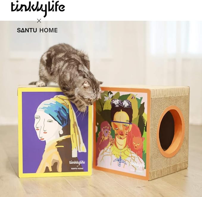 Cat Condo Scratcher Cardboard, Girl with a Pearl Earring Shape Adaptation Spoof Version Cat Scratching House Bed Furniture Protector, Pink