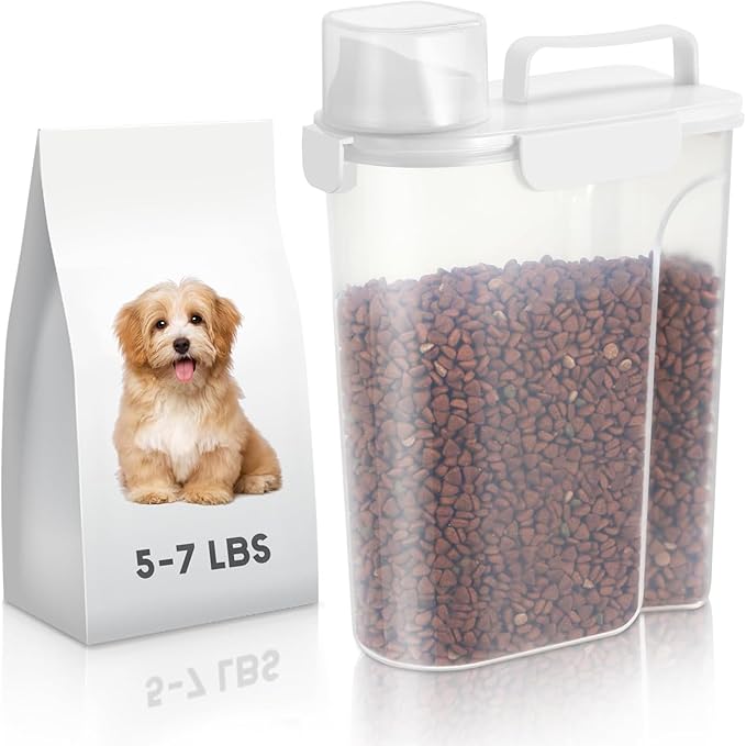 5-7LBS Plastic Dog Food and Cat Food Storage Container Does not Contain PBA. The Pet Food Storage Container with 4-Buckle Handle Design is Leak-Proof, Easy to Clean and Portable