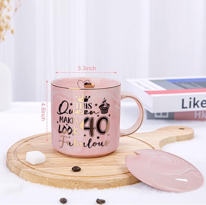 40th Birthday Gifts Women - 14oz Fabulous Pink Coffee Mug with Gold Pattern - Unique 40th Birthday Gift Ideas for Mom Sister Aunt Coworker Best Friend, Happy 40 Years Old birthday gifts, Gift Boxed.