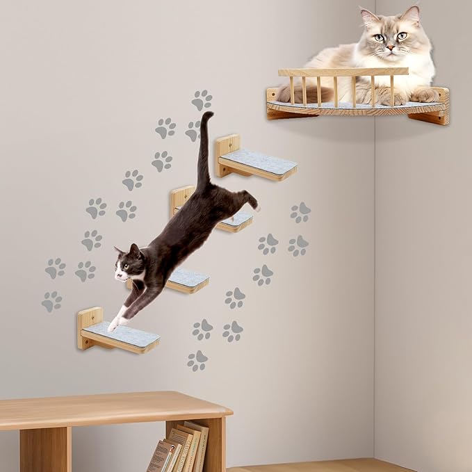 Cat shelves for wall with 4 Steps Scratch Post 13 * 13 in Indoor Walled Mounted Cat Bed with 6 Felt Pad Wood Cat Bed Hammock with Climbing Shelf for Cats Support 20 LBS