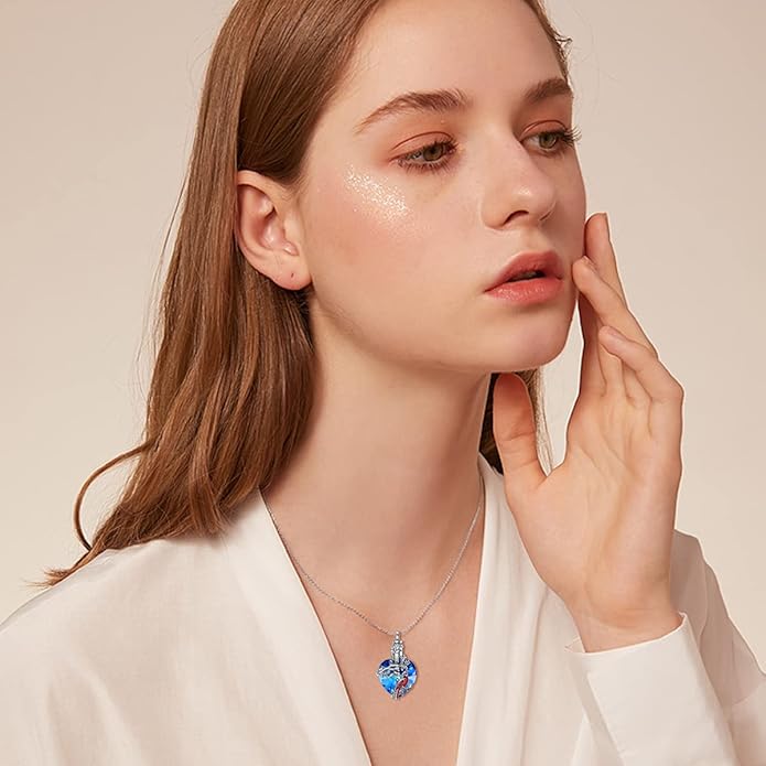 Animal Crystal Urn Necklace For Ashes Sterling Silver Butterfly Dragonfly Bee Phoenix Peacock Hummingbird Fox Angel Wing Pentagram Pentacle Cremation Necklace Heart Teardrop Urn Holder Necklaces For Women Memorial Jewelry