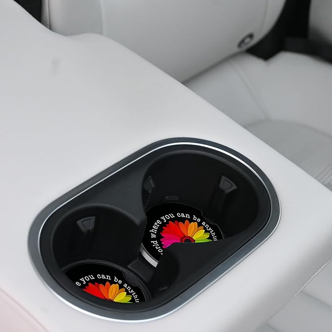 Absorbent Car Coasters 2 Pack for Cup Holders, 2.56" Ceramic Stone & Non-Scratch Cork Base Drink Coasters, Auto Accessories for Women & Men（Colorful Sunflower）