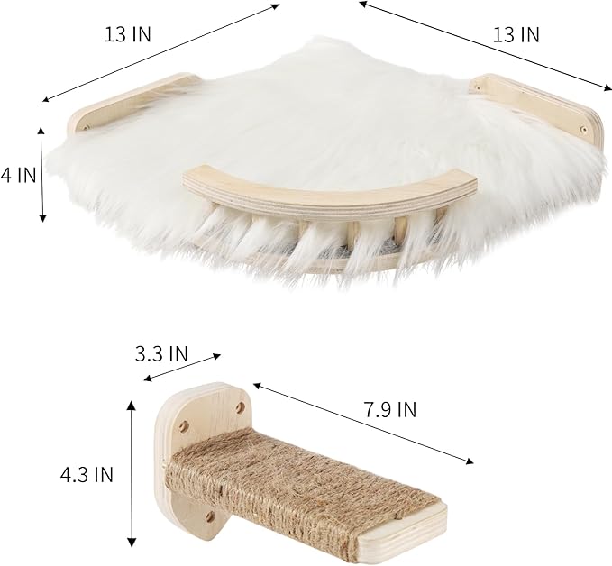 Cat Wall Shelves, Cat Shelves and Perches for Wall, Corner Cat Shelf with 3 Steps Scratch Post, Cat Bed Hammock with Plush Covered, Climbing Shelf for Indoor Cats (Wood)