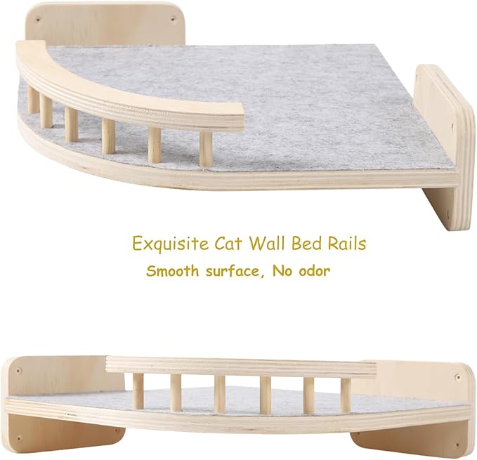 Cat Wall Shelves, Cat Shelves and Perches for Wall, Corner Cat Shelf with 3 Steps Scratch Post, Cat Bed Hammock with Plush Covered, Climbing Shelf for Indoor Cats (Wood)