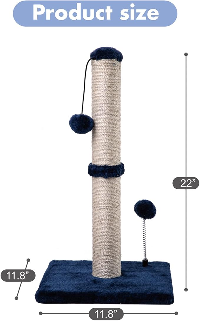 MECOOL Cat Scratching Post Premium Basics Kitten Scratcher Sisal Scratch Posts with Hanging Ball 22 in for Kittens or Smaller Cats (22 inches for Kitten, Navy)