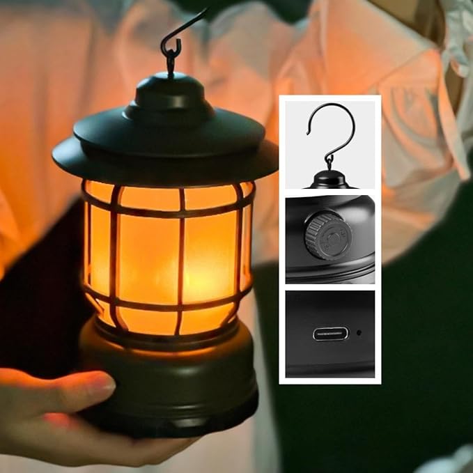2PACK Rechargeable Camping Lantern, Flame Decorative Table Lamp, 2 Modes LED Light with Hook,Dimmable Vintage Style,Portable Waterproof Camping Light for Indoor/Outdoor Use (2)