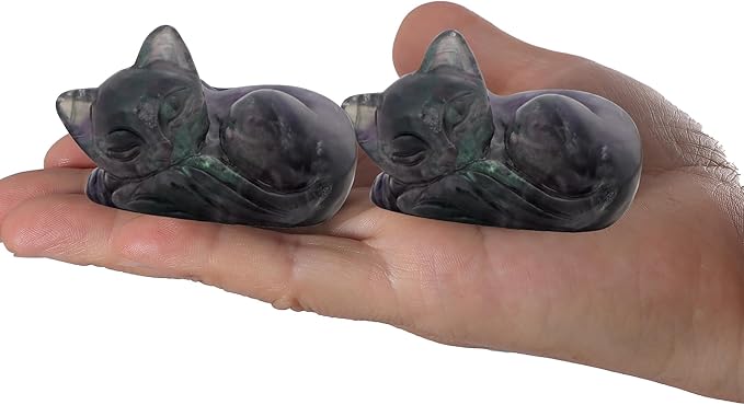 2" Sleeping Cat Statue Rainbow Fluorite Healing Crystals Hand Carved Cute Kitten Figurine, Worry Stone for Anxiety Relif Home Desk Decor Animal Figurine
