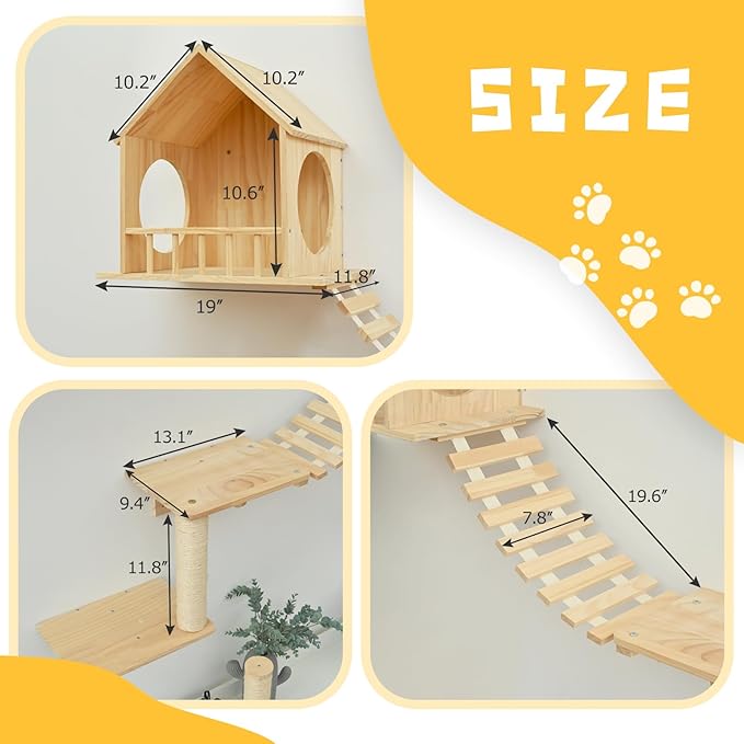 Cat Wall Shelves 5 pc, Wall Mounted Cat Climbing Shelves, Cat Wall Furniture with 1 Cat Condo Houses,2 Cat Perches, 1 Bridge Ladder and 1 Scratching Post
