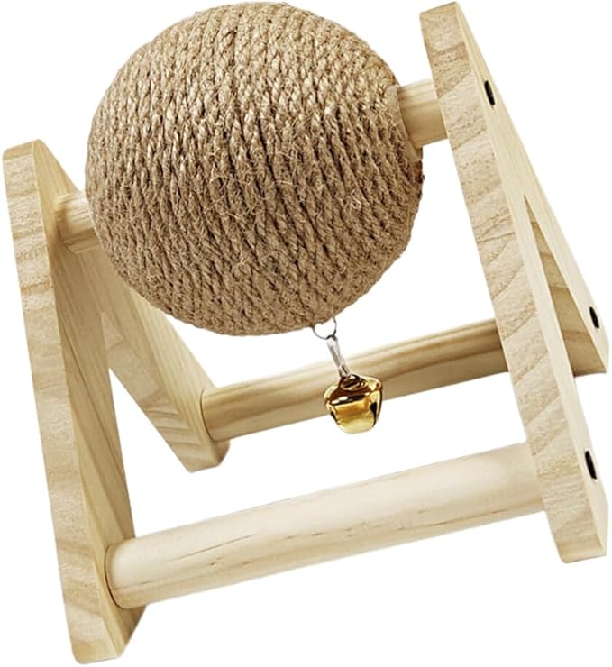 ABOOFAN Cat Scratcher Toy with Sisal Ball Cats Scratching Rope Ball Interactive Rotatable Wood Pet Scratcher Toys Durable for Indoor Kitties to Grind Claws Pet Furniture Supplies