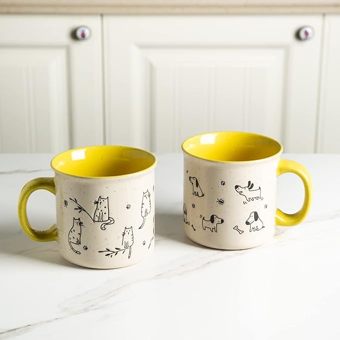 AmorArc 22 OZ Large Ceramic Coffee Mugs Set of 2, Oversized Mugs With Big Handle for Men Women Dad Mom, Big Mug With Textured Dogs Cats Patterns for Office & Home -Microwave Safe, 2 Pcs-Yellow