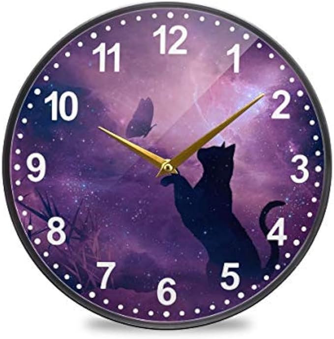 ALAZA Cat and Butterfly in Purple Galaxy Starry Wall Clock Battery Operated Silent Non Ticking Clocks for Living Room Decor 12 Inch / 9.5 Inch